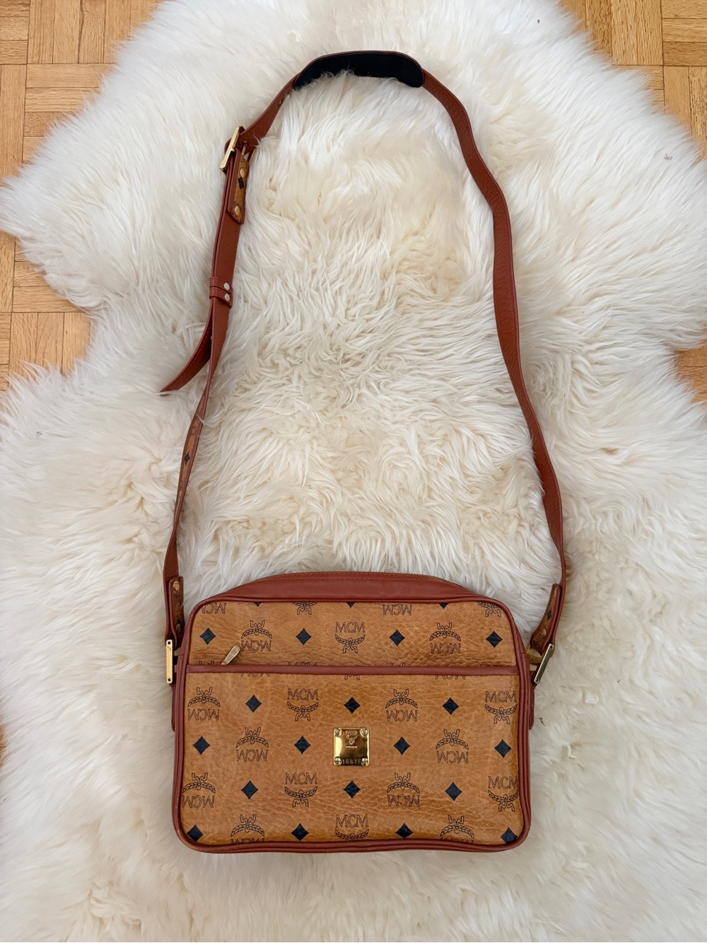 MCM Vintage Cognac Visetos Leather Camera Crossbody Handbag Purse